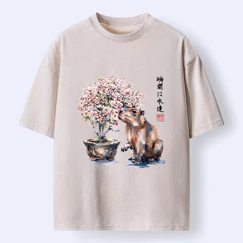 Kyoto-Lion Peaceful Capybara Spring Sakura Art Washed T-Shirt