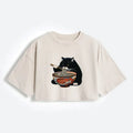Kyoto-Lion Fat Cat Eating Ramen Women's Washed Crop T-Shirt