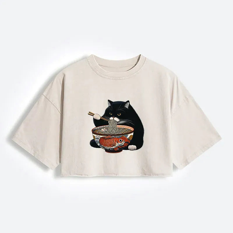 Kyoto-Lion Fat Cat Eating Ramen Women's Washed Crop T-Shirt