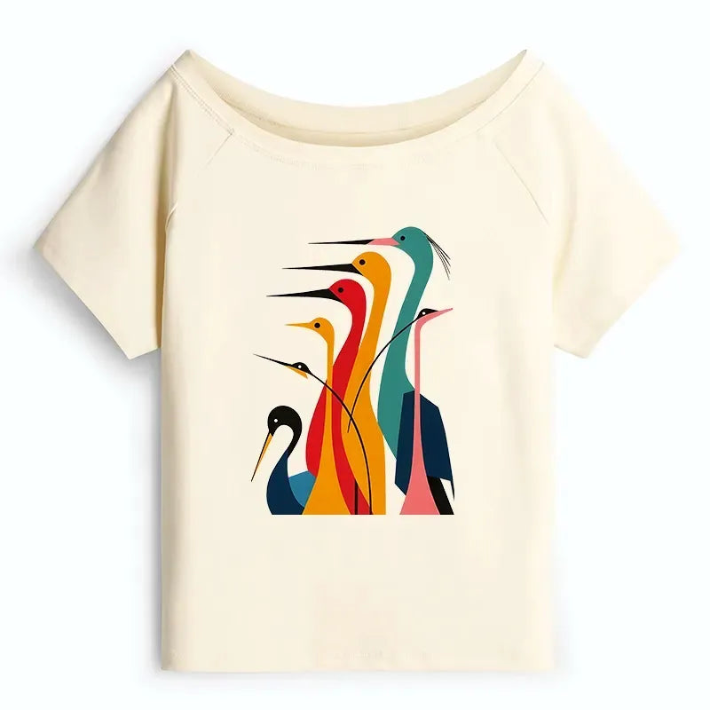 Kyoto-Lion Various Types Of Cranes Off Shoulder T-Shirt