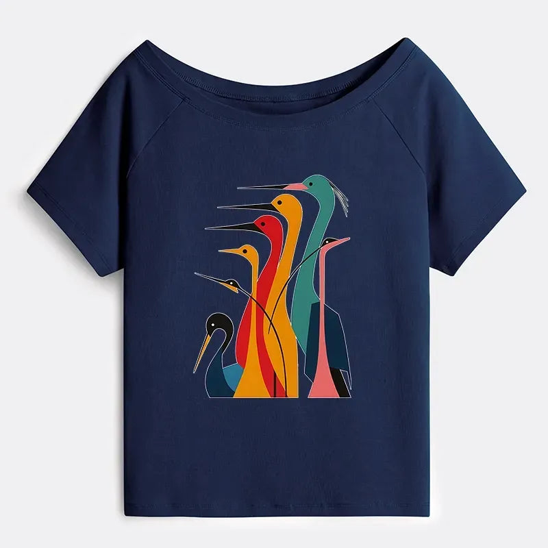 Kyoto-Lion Various Types Of Cranes Off Shoulder T-Shirt