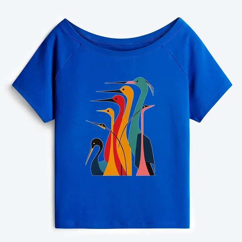 Japanese Crane Off Shoulder T-Shirt