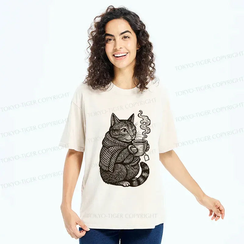 Kyoto-Lion Autumn Cat Washed T-Shirt