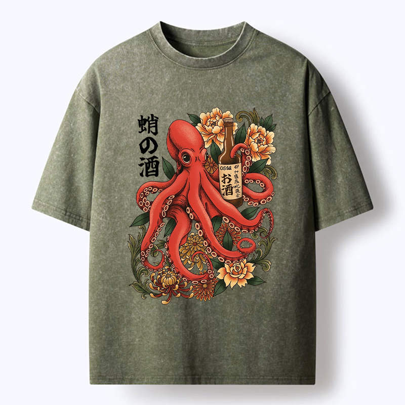 Sake Bottle Octopus T-Shirt for Vacation