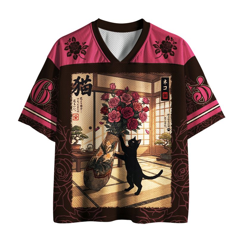 Kyoto-Lion Ukiyo-e Black Cat Rose Mesh Jersey