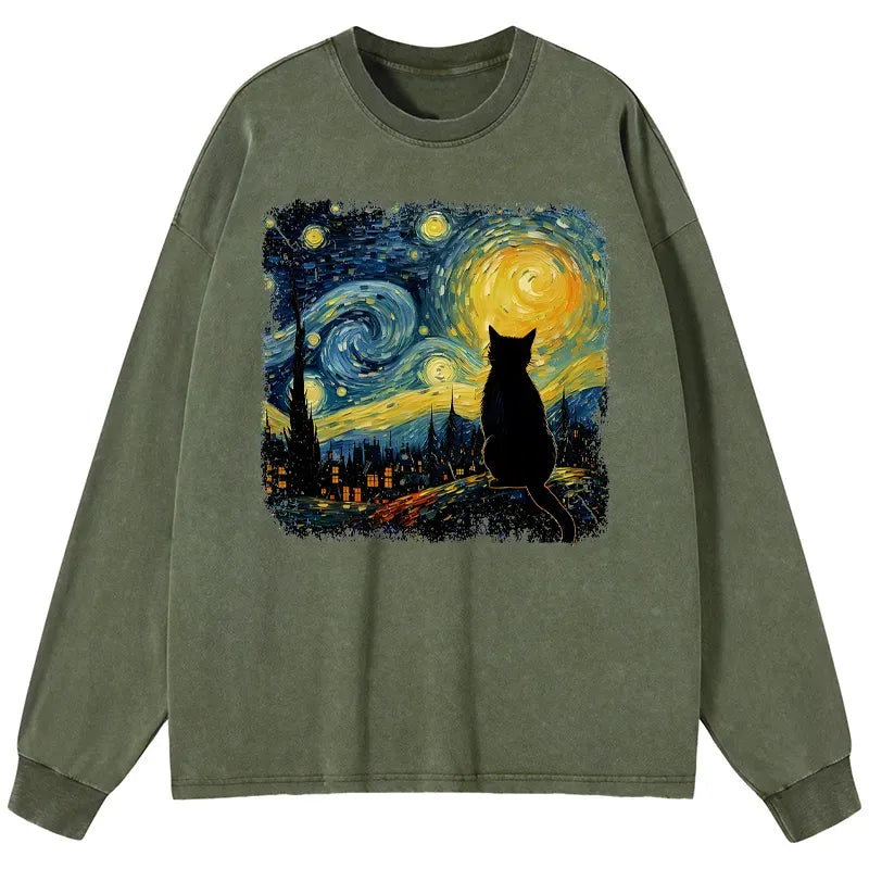 Kyoto-Lion The Starry Night Cat Washed Long Sleeve T-Shirt