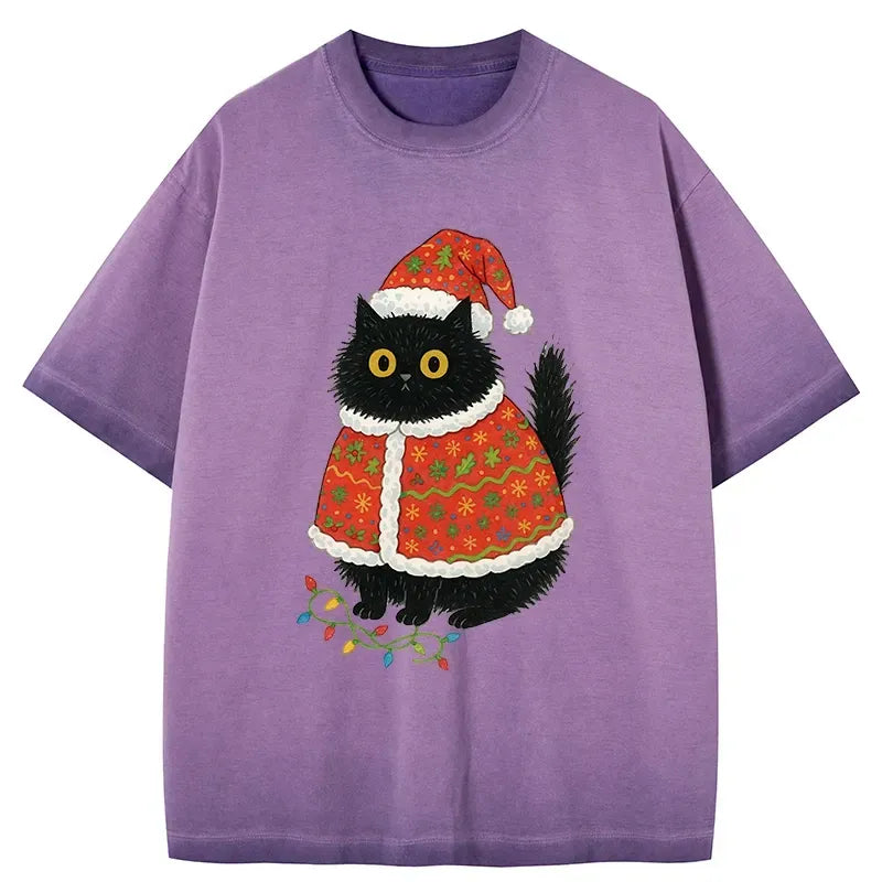 Kyoto-Lion Cat Wearing Santa Hat Gradient Washed T-Shirt