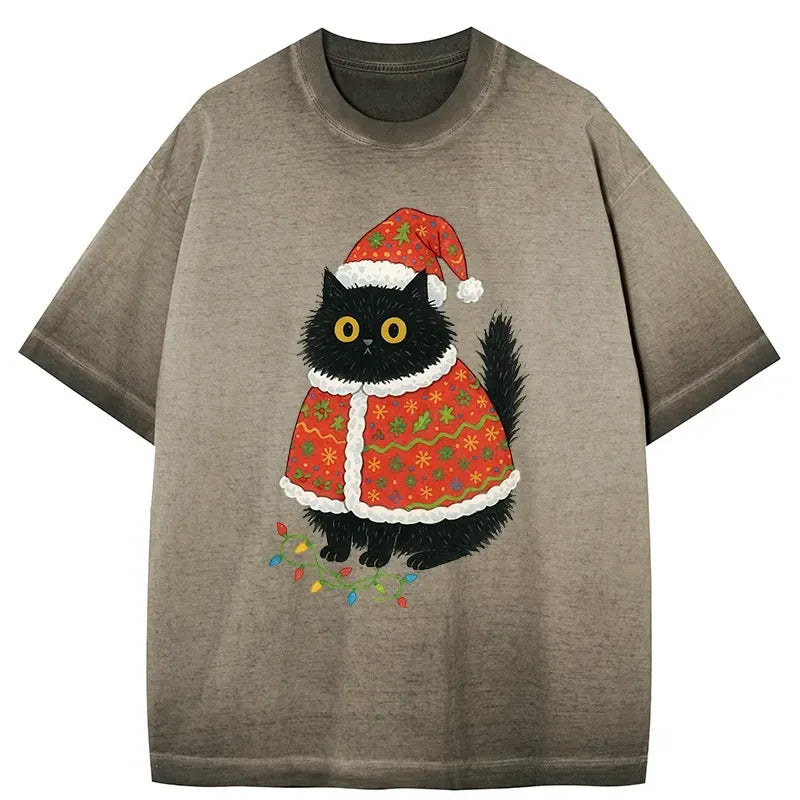 Kyoto-Lion Cat Wearing Santa Hat Gradient Washed T-Shirt