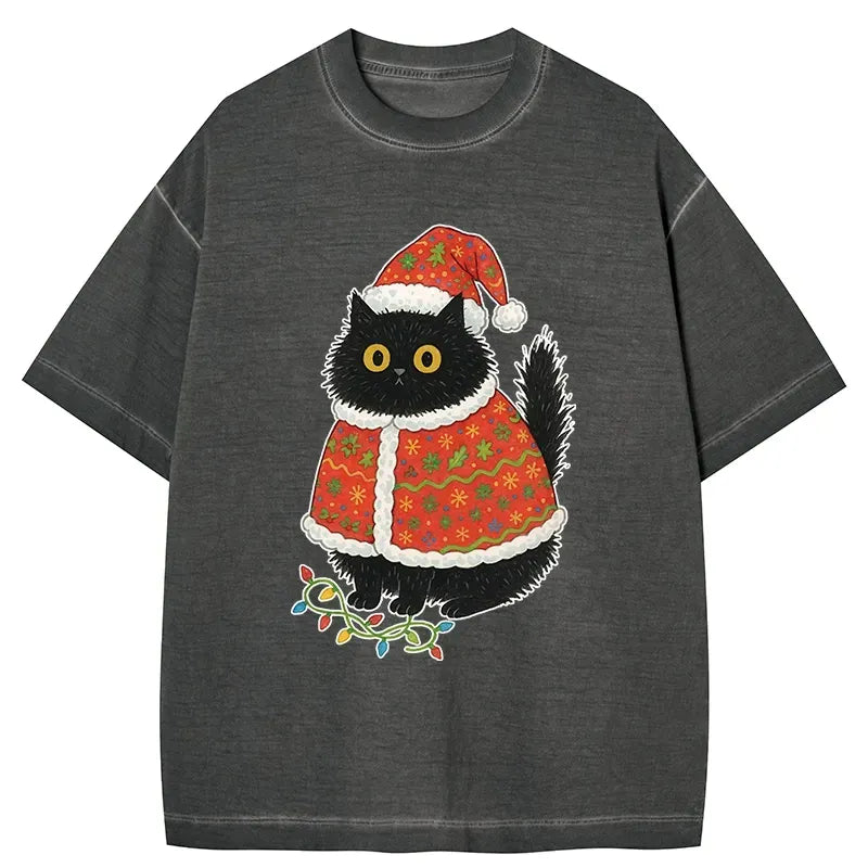Kyoto-Lion Cat Wearing Santa Hat Gradient Washed T-Shirt