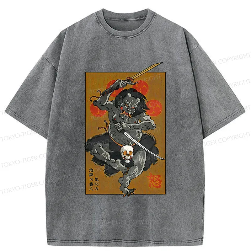 Kyoto-Lion Japanese Yokai Hell Ghost Washed T-Shirt