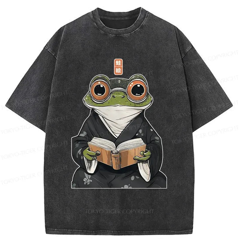 Kyoto-Lion Frog Reading Washed T-Shirt