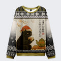 Kyoto-Lion Black Cat Drinking Tea Christmas Ugly Sweatshirt