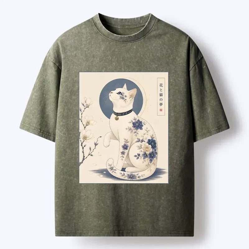 Japanese Blue Floral Cat Moon Washed T-Shirt