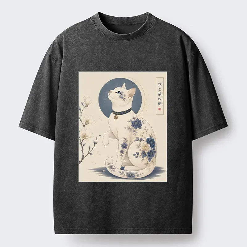 Japanese Blue Floral Cat Moon Washed T-Shirt