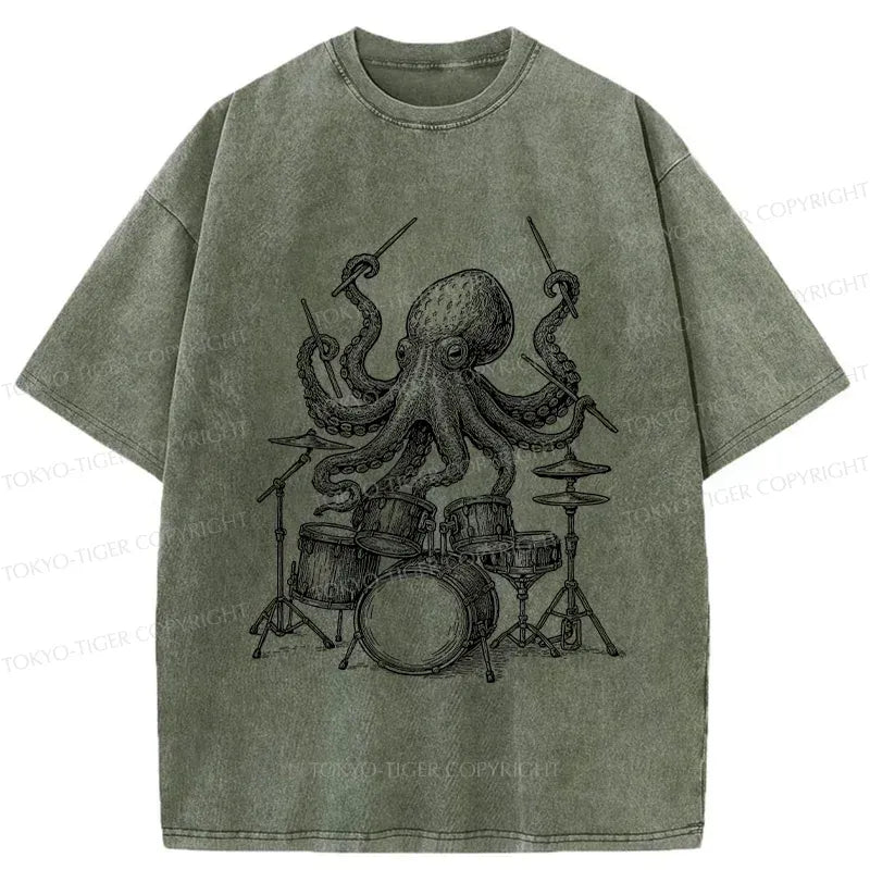 Kyoto-Lion Octopus Drummer Washed T-Shirt