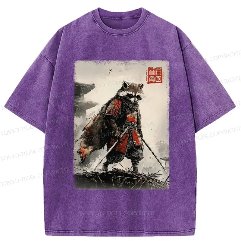 Kyoto-Lion Retro Raccoon Samurai Washed T-Shirt