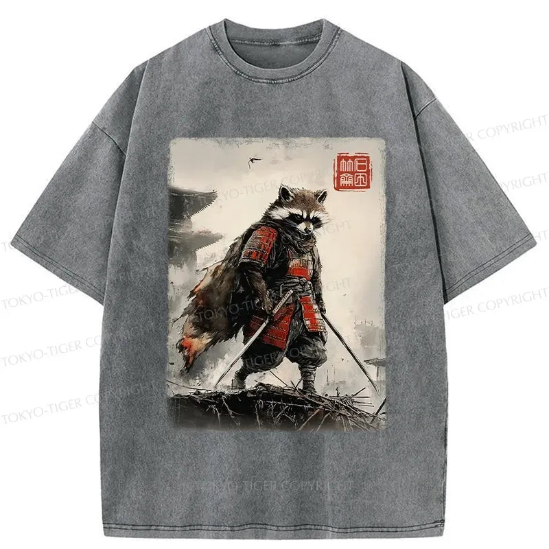 Retro Washed Raccoon Samurai Tee Gift Idea