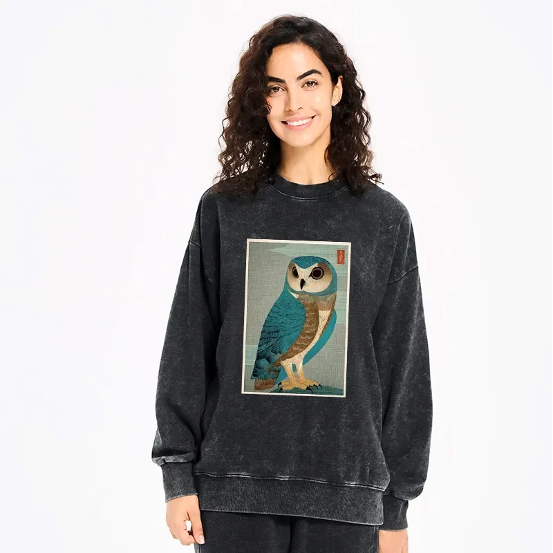 Kyoto-Lion Vintage Owl Woodblock Art Washed Sweatshirt