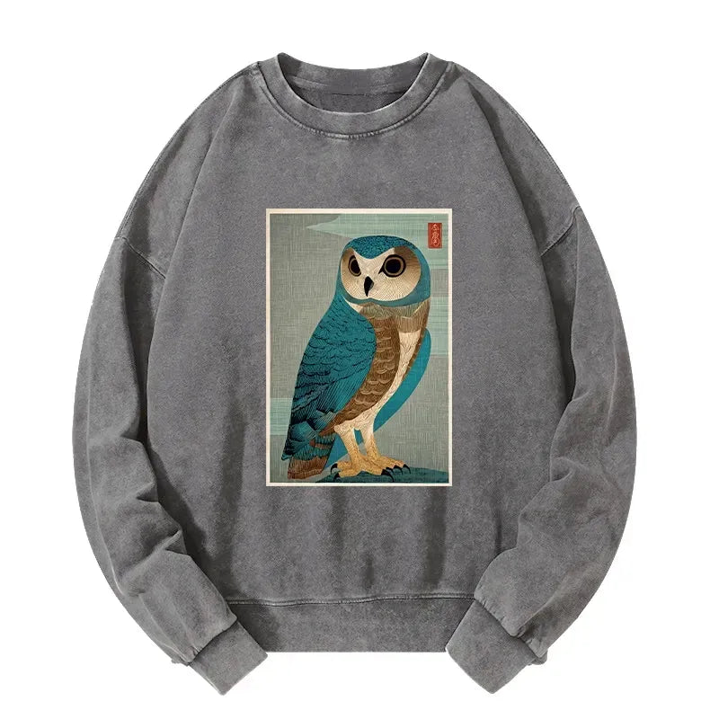 Kyoto-Lion Vintage Owl Woodblock Art Washed Sweatshirt