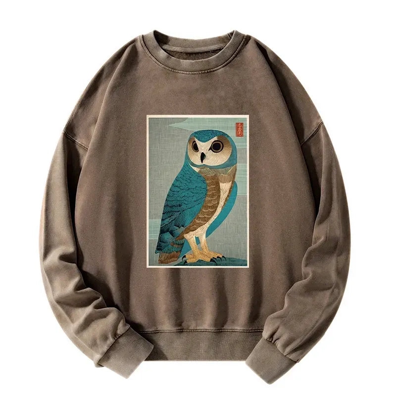 Kyoto-Lion Vintage Owl Woodblock Art Washed Sweatshirt