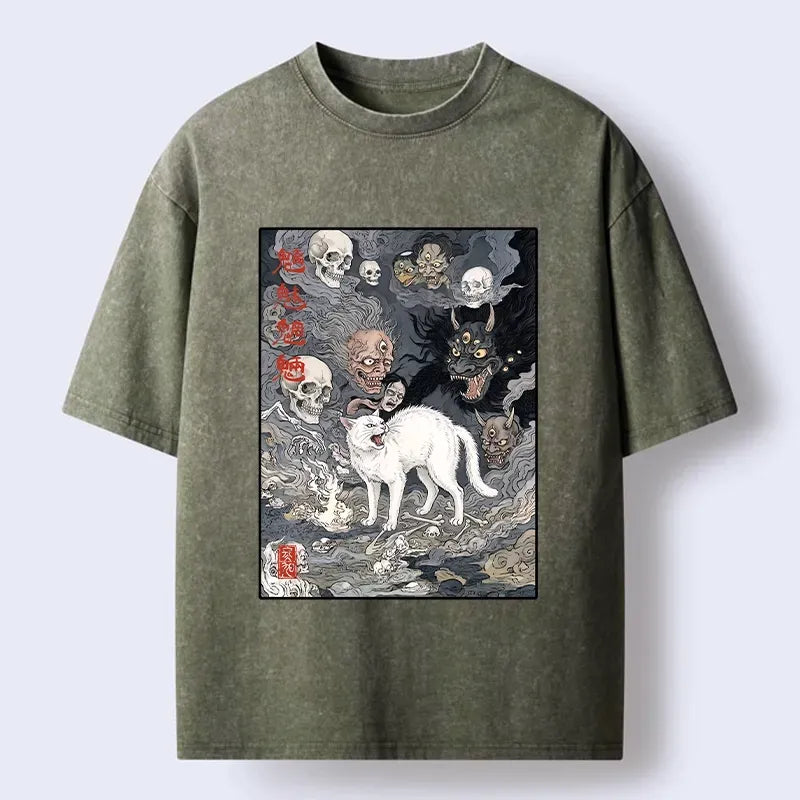 Kyoto-Lion Spooky Japanese Ghost Cat Ukiyo Art Washed T-Shirt