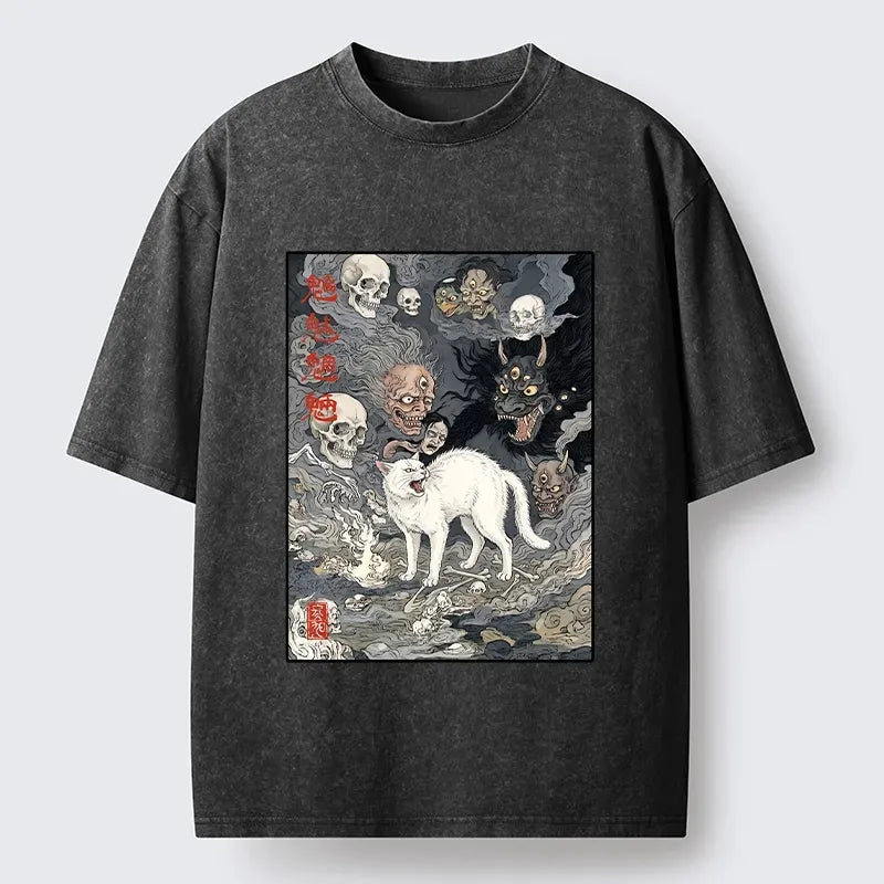 Spooky ghost cat ukiyo art t-shirt