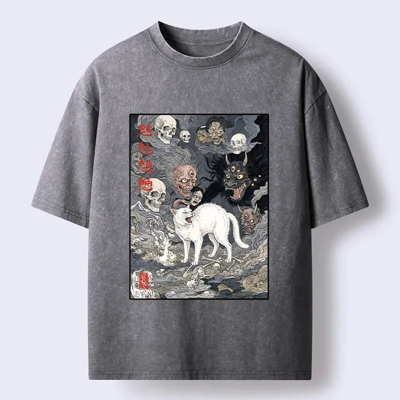 Spooky ghost cat ukiyo art t-shirt