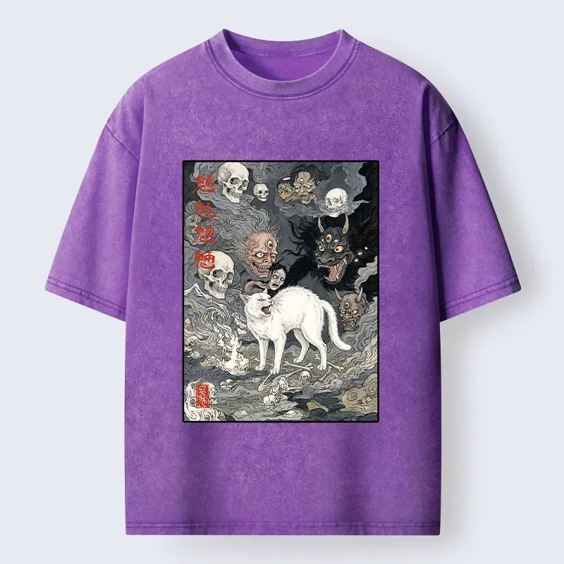 Spooky ghost cat ukiyo art t-shirt