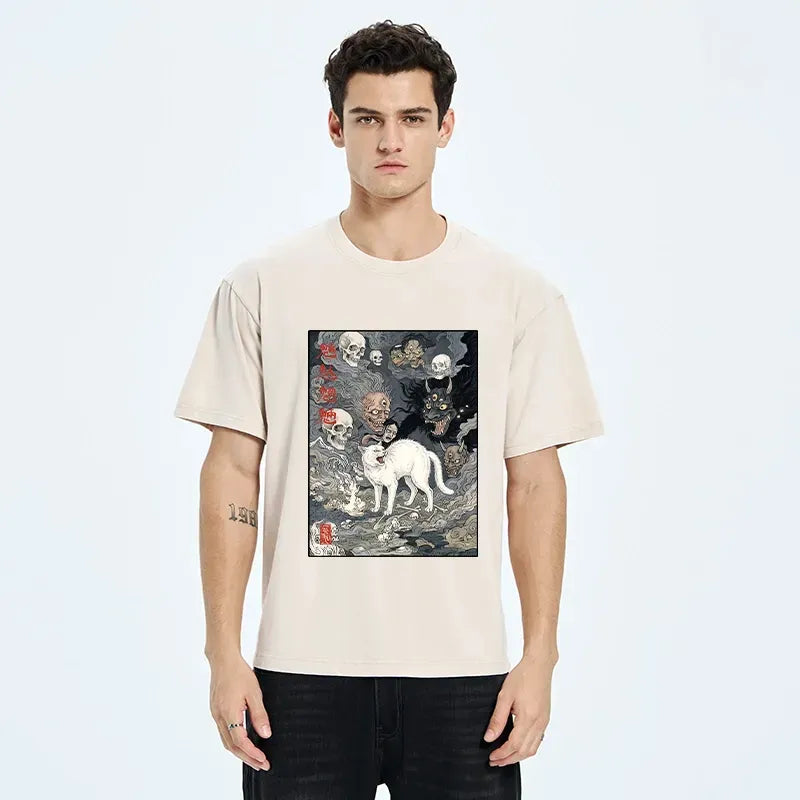 Kyoto-Lion Spooky Japanese Ghost Cat Ukiyo Art Washed T-Shirt