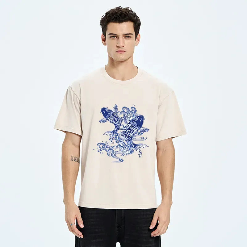 Kyoto-Lion Traditional Koi Pattern Washed T-Shirt