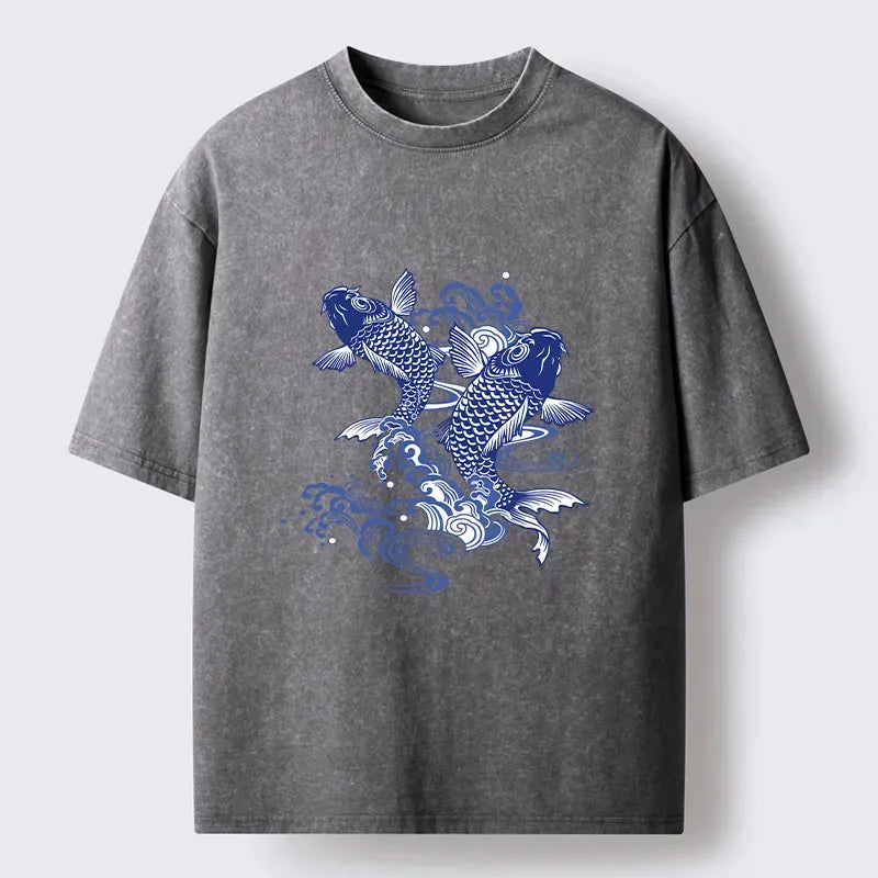 Kyoto-Lion Traditional Koi Pattern Washed T-Shirt