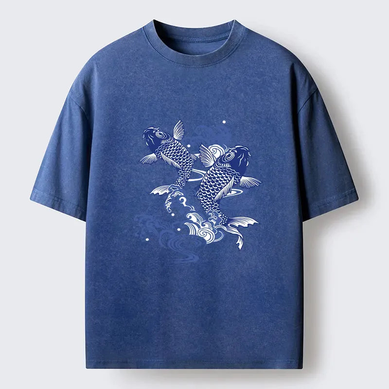 Kyoto-Lion Traditional Koi Pattern Washed T-Shirt