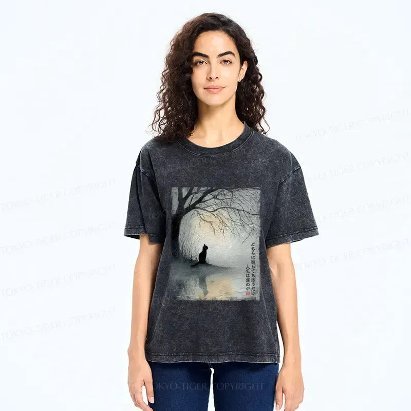 japanese cat washed t-shirt