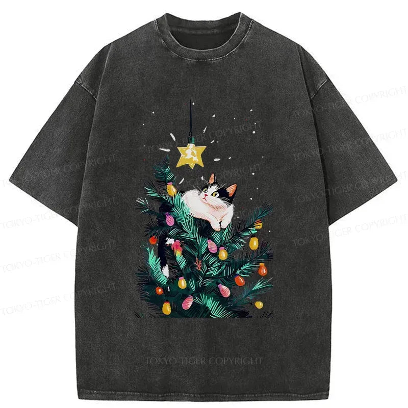 Kyoto-Lion Cute Christmas Cat Japan Washed T-Shirt