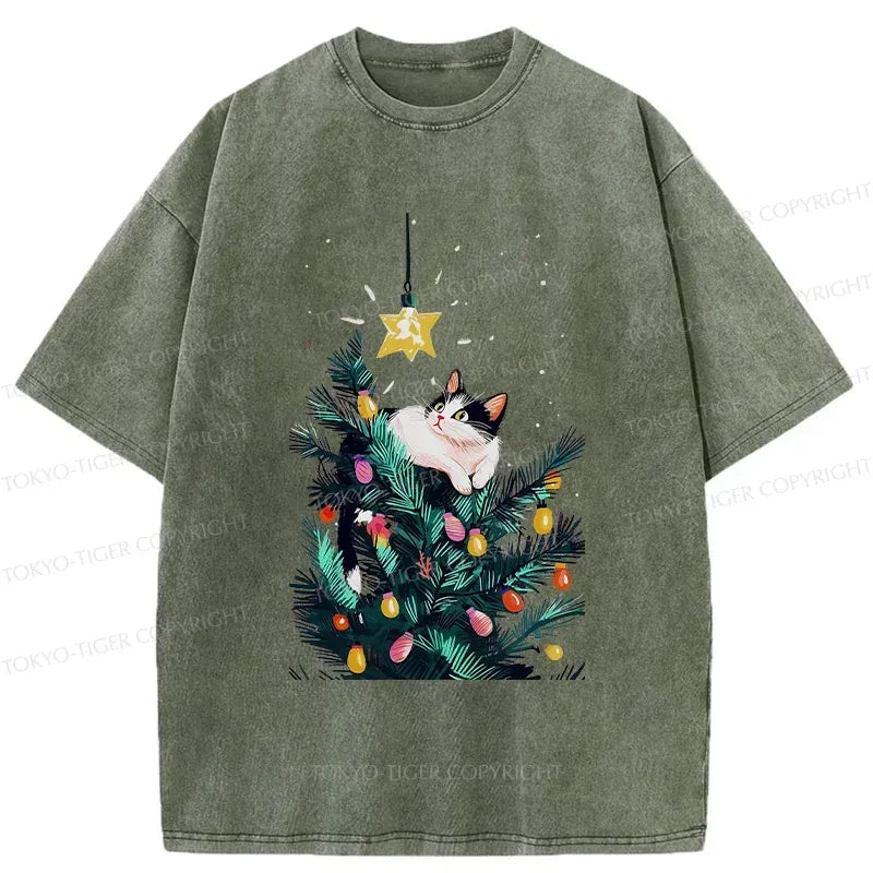 Kyoto-Lion Cute Christmas Cat Japan Washed T-Shirt