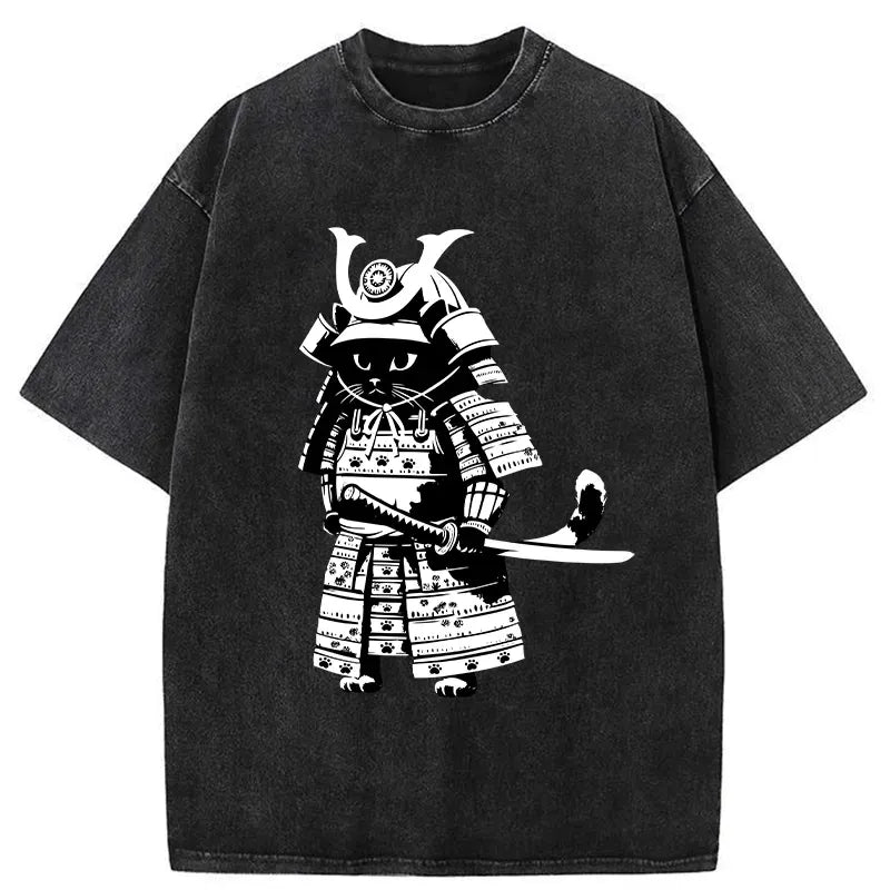 Japanese Samurai Black Cat Washed T-Shirt