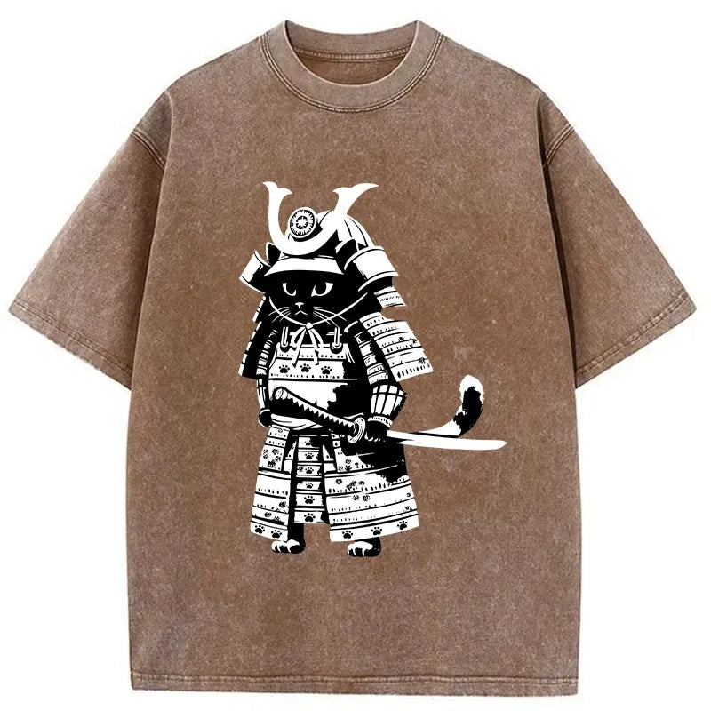 Kyoto-Lion Japanese Samurai Black Cat Washed T-Shirt