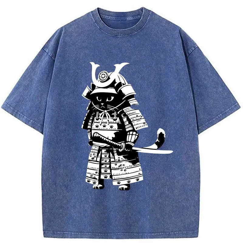 Japanese Samurai Black Cat Washed T-Shirt