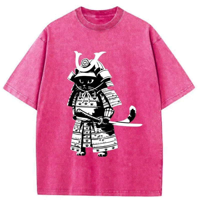 Kyoto-Lion Japanese Samurai Black Cat Washed T-Shirt