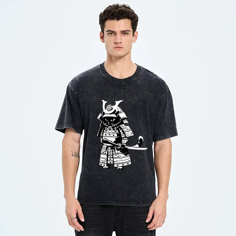 Kyoto-Lion Japanese Samurai Black Cat Washed T-Shirt
