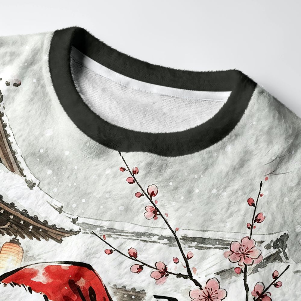 Kyoto-Lion Samurai Snowman Fuzzy Christmas Ugly Sweatshirt