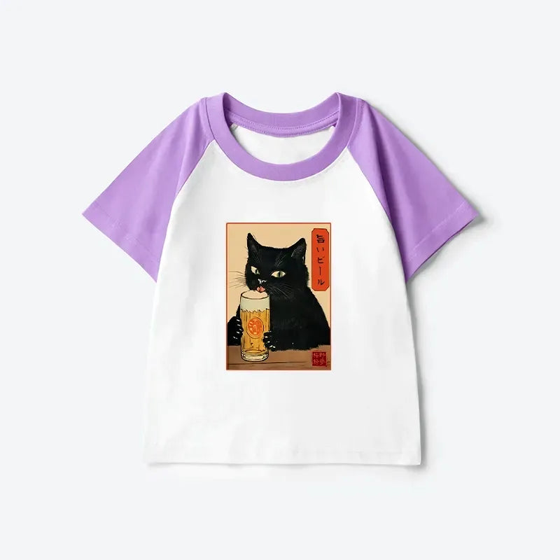 Japanese Cat Holding Beer Kids Raglan