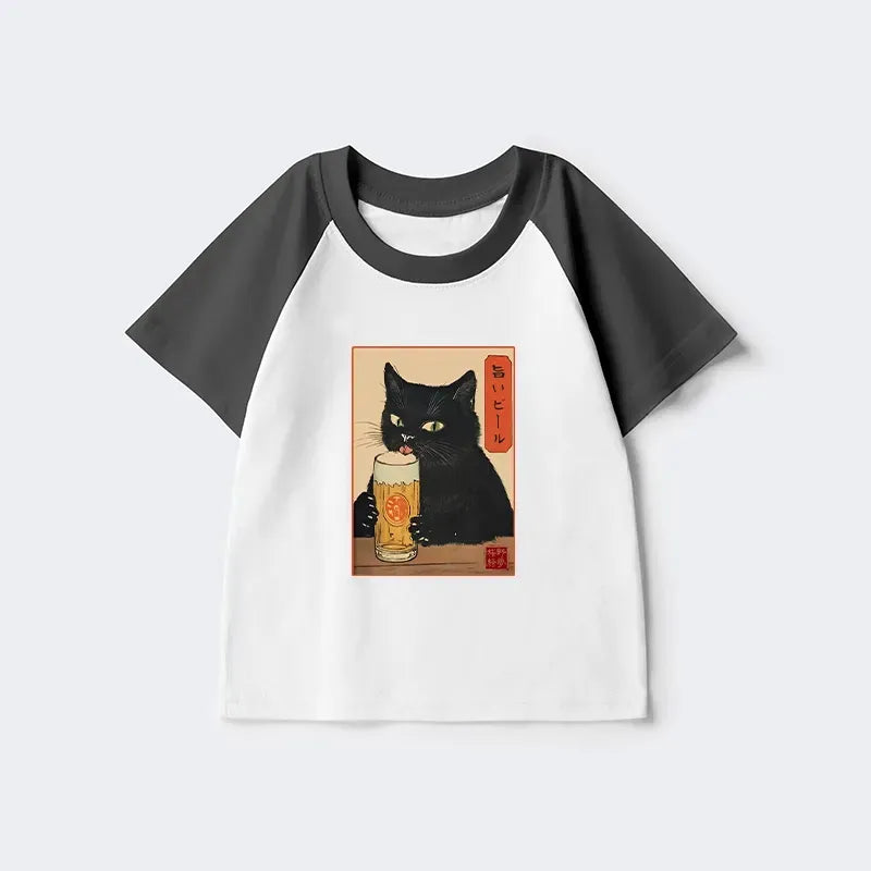 Japanese Cat Holding Beer Kids Raglan