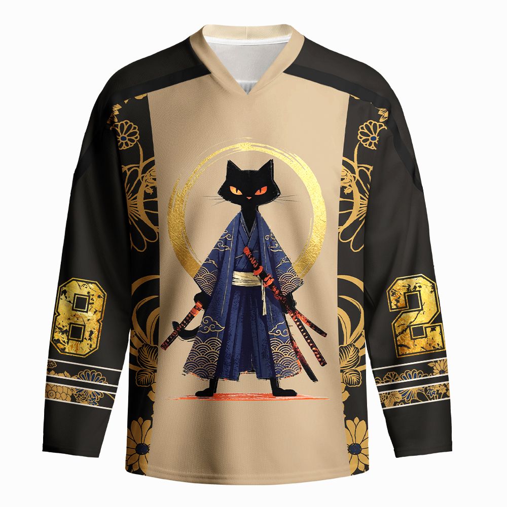 Kyoto-Lion Samurai Black Cat Long-Sleeve Hockey Jersey
