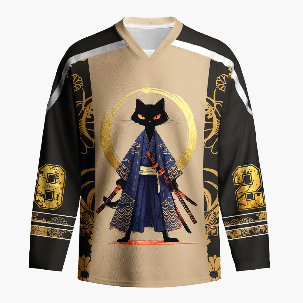 Kyoto-Lion Samurai Black Cat Long-Sleeve Hockey Jersey