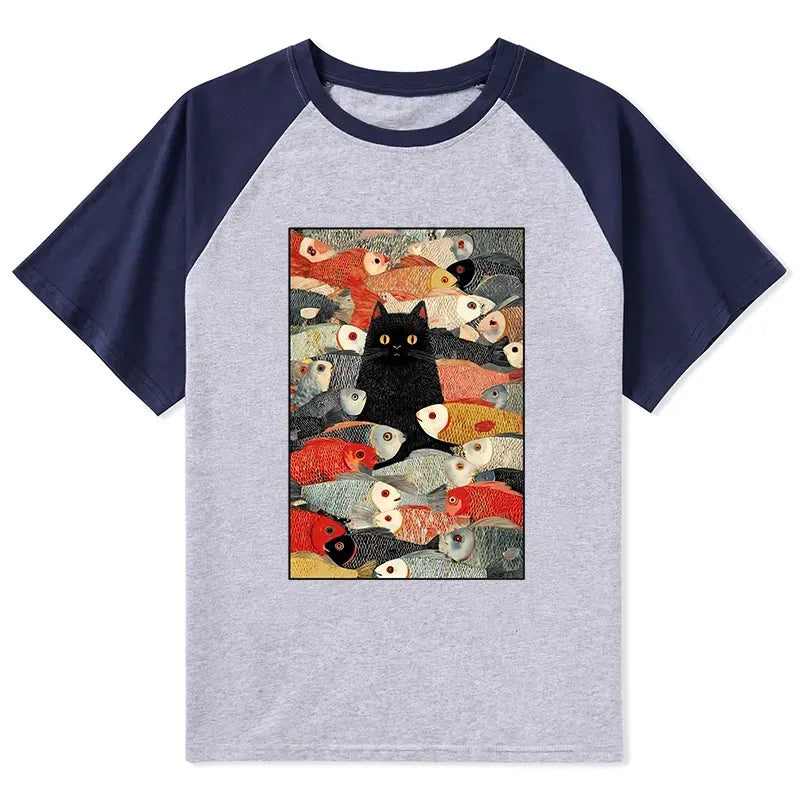 Japanese Cats Fish Raglan T-shirt