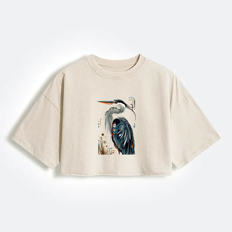 Kyoto-Lion Stylish Blue Heron Women's Washed Crop T-Shirt