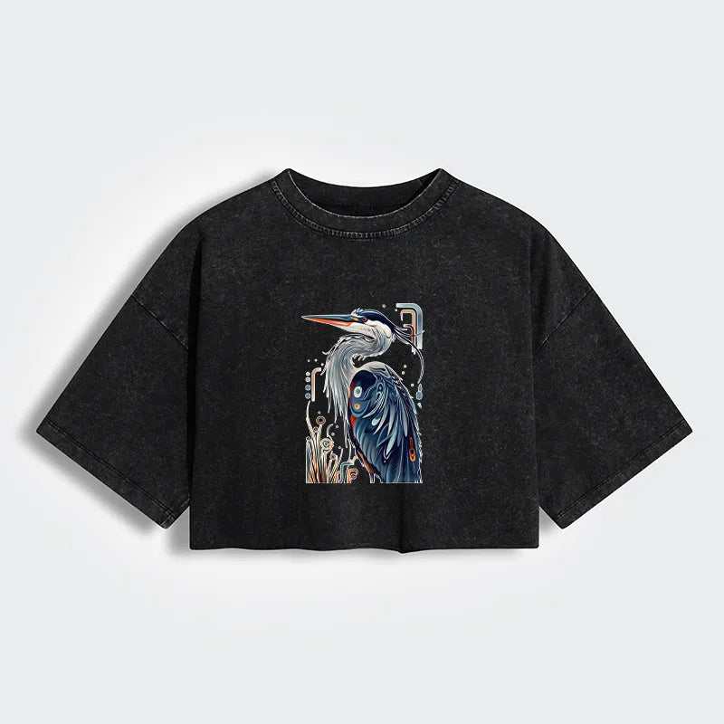 Kyoto-Lion Stylish Blue Heron Women's Washed Crop T-Shirt