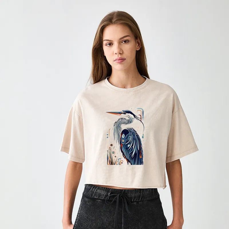 Kyoto-Lion Stylish Blue Heron Women's Washed Crop T-Shirt