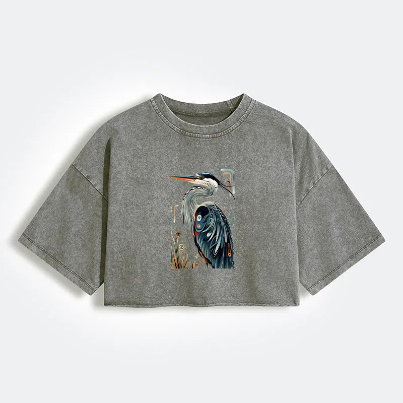 Kyoto-Lion Stylish Blue Heron Women's Washed Crop T-Shirt